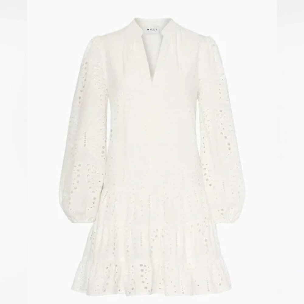395$ MILLY Margaret Butterfly Eyelet Mini Skirt Dress Women's Size 8 White - Picture 2 of 2